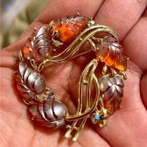 Gold-Tone Leaf Wreath Brooch with Aurora Crystal Accents